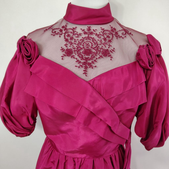 Vintage 70s Women's Hot Pink Victorian Puff Sleeve Prom Dress Downtown Abbey - Picture 3 of 11